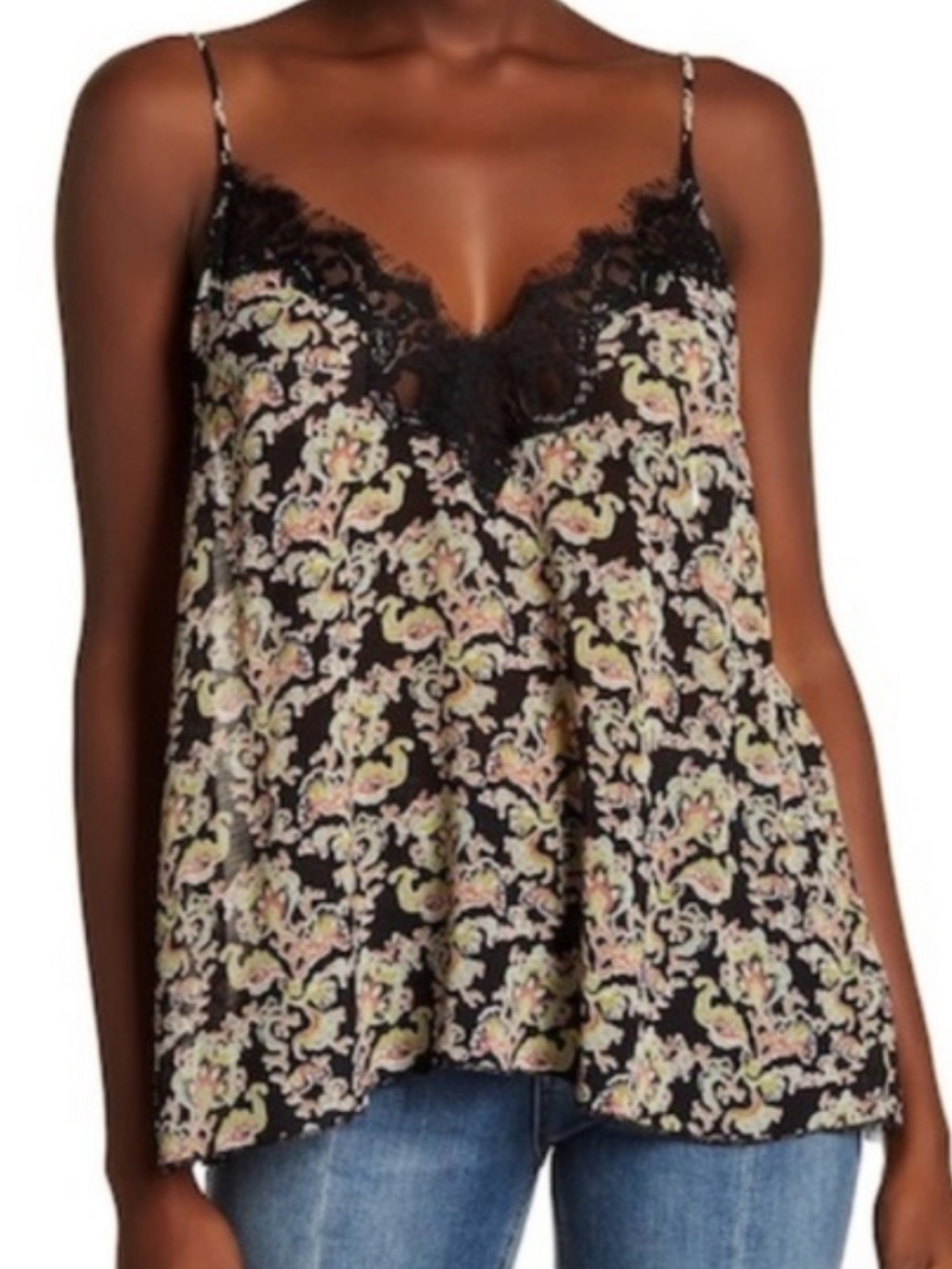 Free People Sz S Floral Lace-Trim Black Cami Top Tank Boho